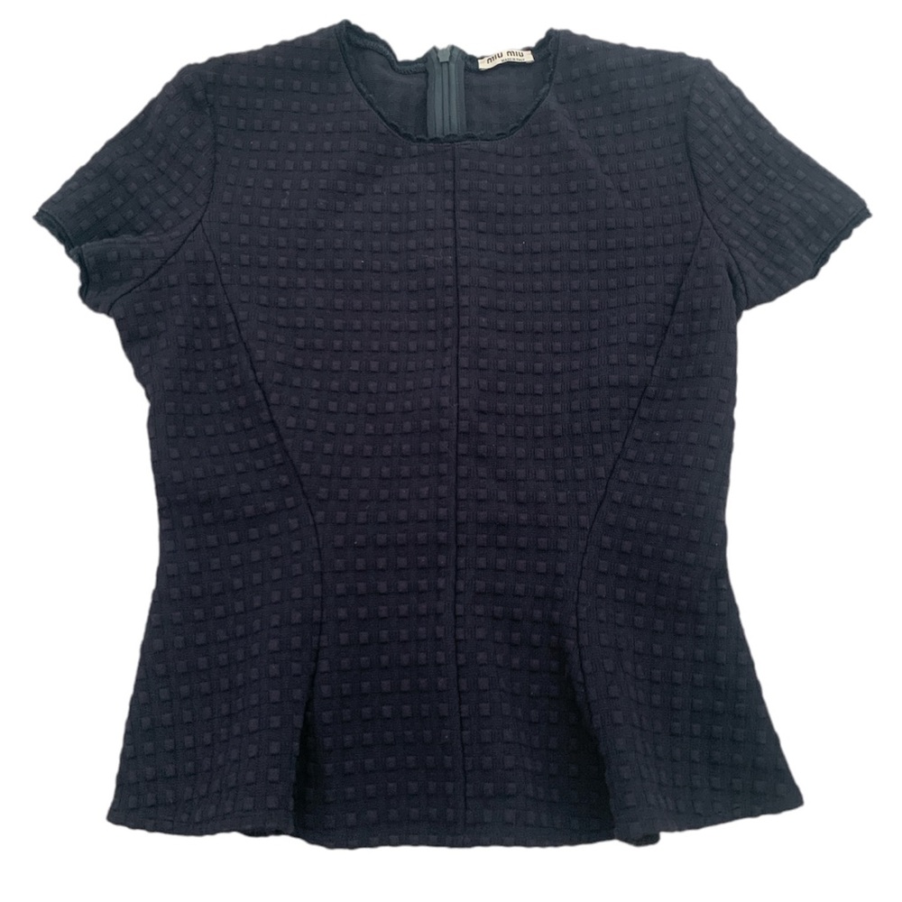 Miu Miu Navy Textured Peplum Short Sleeve Top